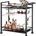 Bar Cart, Home Bar Serving Cart with Storage Shelves, 2 Tier Rolling Beverage Cart with Wheels, Modern Wine Cart with Wine Rack and Glass Holder for Kitchen, Living Room, Dinning Room, Black