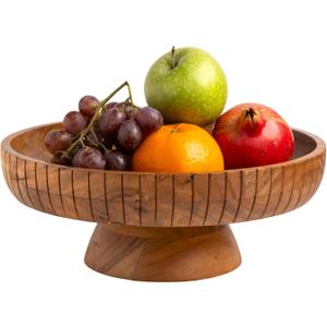 Acacia Wood fruit bowl with pedestal | 12" dia | Decorative bowl used as Centerpiece for kitchen counter or dining table | Wooden table decor| (Natural Finish)