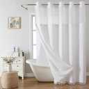 White Farmhouse No Hook Shower Curtain Set with Snap-in Fabric Liner,Boho Heavy-Duty Linen Textured Rustic Striped Design,Water-Repellent with Tassels and Sheer Window,71x74
