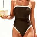 SUUKSESS Women Sexy One piece Tummy Control Swimsuit Strapless Bandeau Slimming Halter Swimwear 2025 Colorblock Backless Bathing Suit (Brown,Medium)