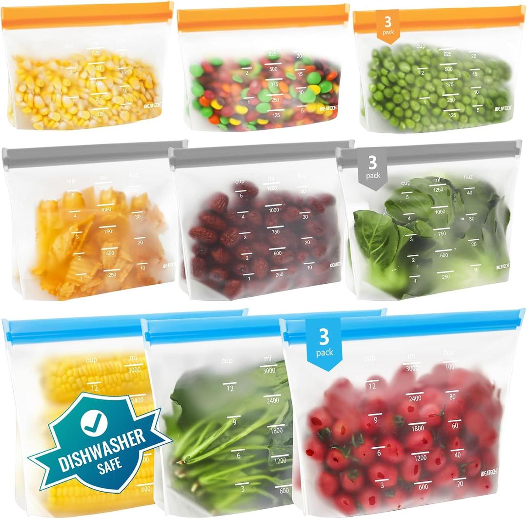 Dishwasher Safe Reusable Storage Bags Stand Up  BPA Free Reusable Sandwich Bags  Leakproof Gallon Freezer Bags, Silicone Food Storage Bags  Multicolor 3 Gallon + 3 Sandwich + 3 Snack Bags