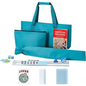 GUSTARIA American Mahjong Game Set, 166 Blue Tiles, Blue Bag and Accessories, 4 All-in-One Transparent Rack/Pushers, Mahjong Tile Set