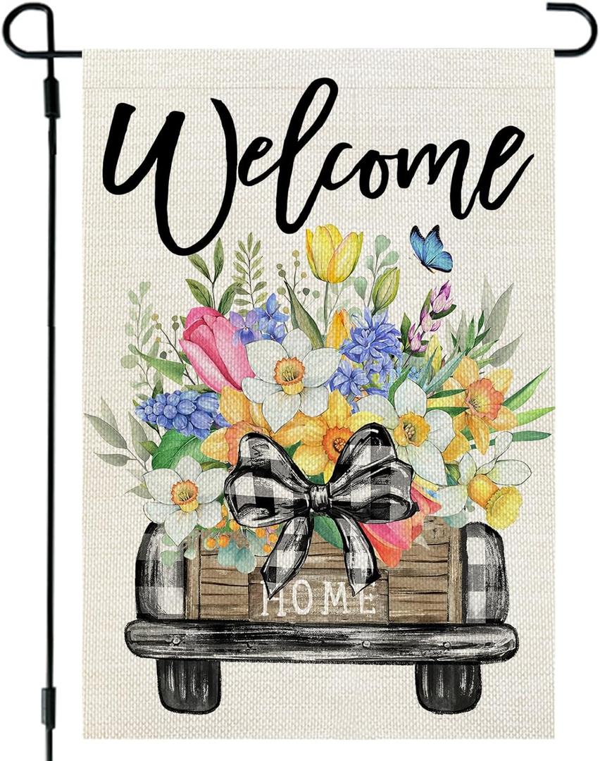 CROWNED BEAUTY Spring Garden Flag Truck Welcome 12x18 Inch Double Sided Small Seasonal Holiday Floral Farmhouse Decoration for Outdoor Lawn Yard