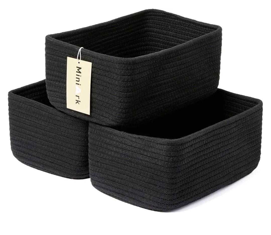 MiniArk Small Basket for Organizing | Cube Shelf Closet Storage Baskets | 9.7×9.7×7.1” | Woven Rope Gift Basket | Nursery | Round 3 Packs Black