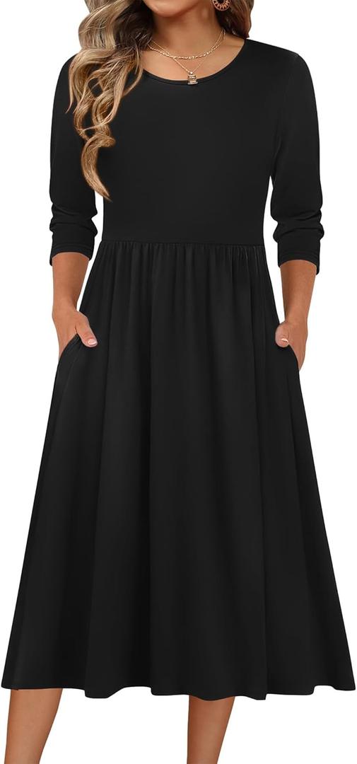 Zeagoo 3/4 Sleeve Women's Dress Casual Flowy A-Line Midi Tshirt Dresses with Pockets Crewneck Vocation Boho Beach Sundress, 2XL