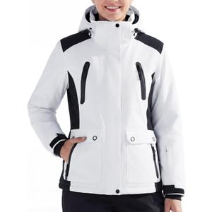 FREE SOLDIER Women's Waterproof Ski Snow Jacket Warm Fleece Lined Winter Rain Jacket with Hood Fully Taped Seams (XX-Large, White Black)