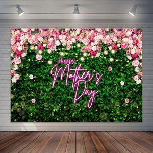 Happy Mother's Day Backdrop Green Leaves Flowers Wall Party Decorations for Women Pink Purple Roses Blossom Mother's Day Photography Background (7x5ft)