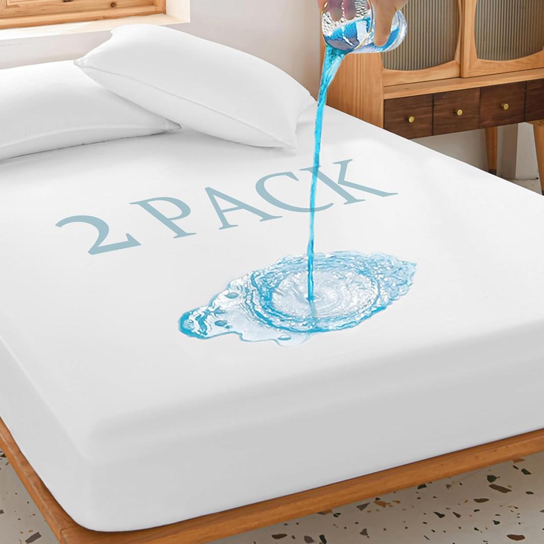 Pack of 2 King Waterproof Mattress Protector Deep Pocket Mattress Cover, Soft Breathable Mattress Pad, Fitted Noiseless Waterproof Bed Cover Stretch to 25"