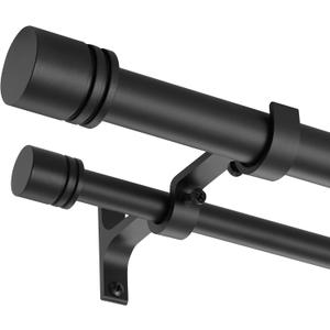 Double Curtain Rods 72-144 Inches for Windows, 1 Inch Diameter Adjustable Heavy Duty Drapery Rod with Aluminum Alloy Brackets and Finials, Modern Stylish Dual Curtains Rod, Matte Black