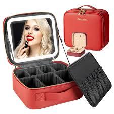 Makeup Travel Bag with LED Lighted Mirror Adjustable Brightness Portable Waterproof Makeup Case with Adjustable Dividers, Make up Train Case Organizer Makeup Brush Accessories and Tool Case 
