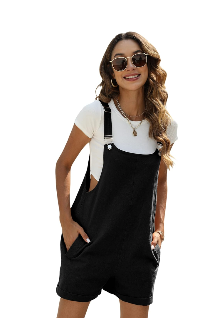 Yeokou Women's Cotton Linen Short Overalls Casual Summer Bib Shortalls with Pockets Black, M