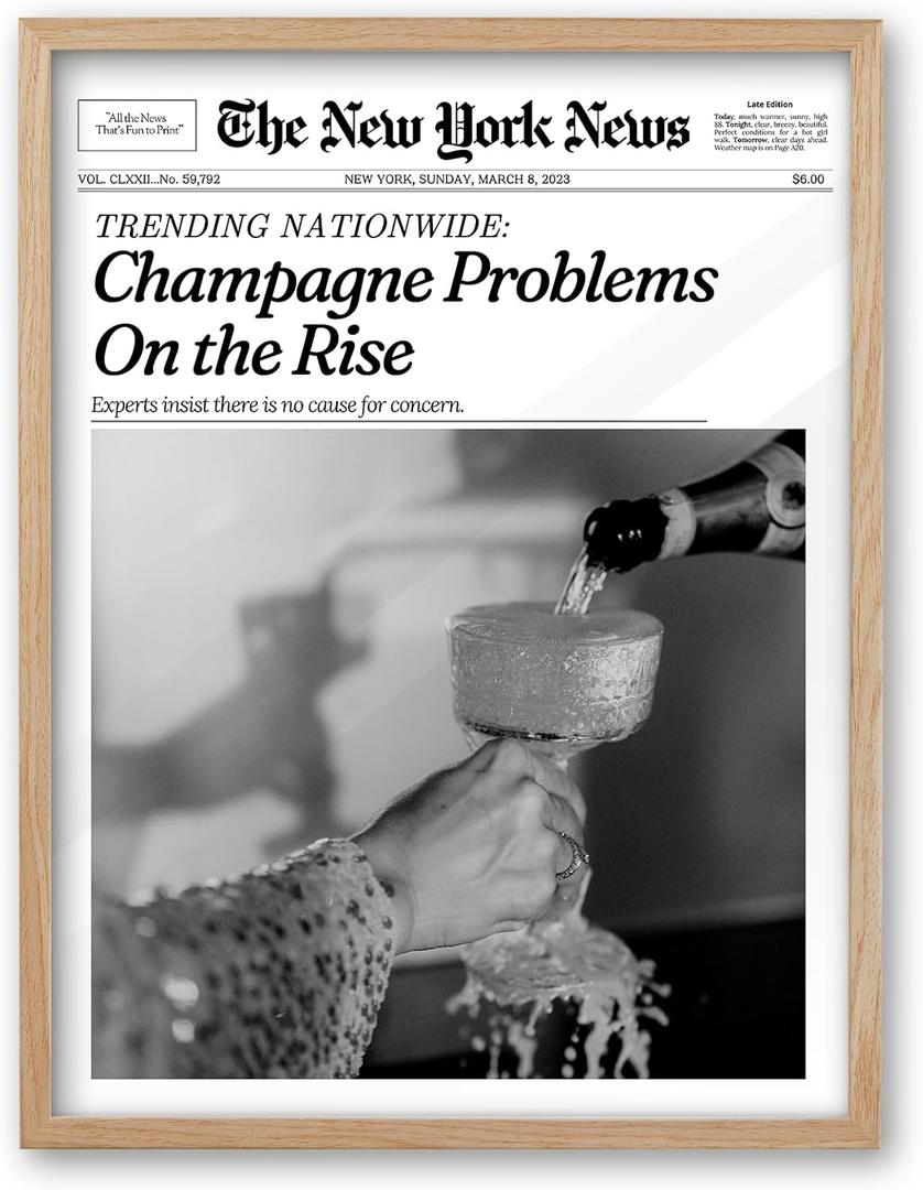 iHery Small 8X10in Champagne Problems On the Rise Newspaper Small Framed Wall Art, Natural OAK Wood Trendy 8X10in Canvas Wall Art Dcor For Bedroom Living Room Set of 1