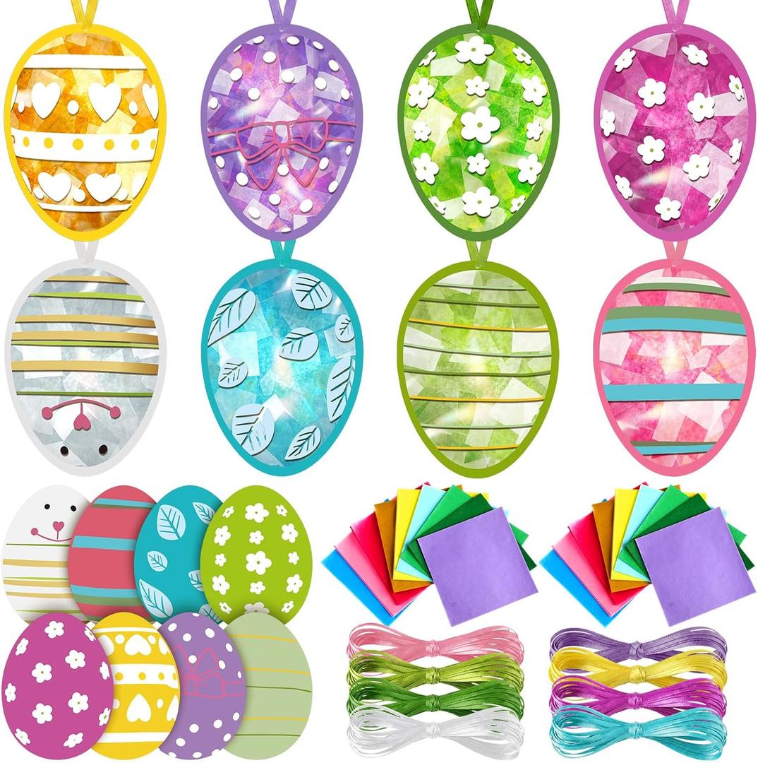 Motipuns 32 Pcs Easter Suncatchers Craft Bunny Egg Ornaments Easter Craft Kit Stained Glass Tissue Paper Bulk Spring Window DIY Art Gift for Home Creative Activities Party Decoration(Vivid)