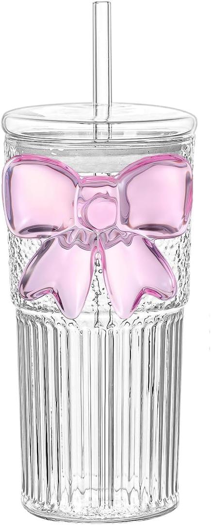 Glass Cups with Lids and Straws Iced Coffee Tumbler Cups with Lids Clear Cute Smoothie Juice Bubble Tea Water Cold or Hot Drinking Glasses Travel Mug with Pink Bow 20 oz High Borosilicate