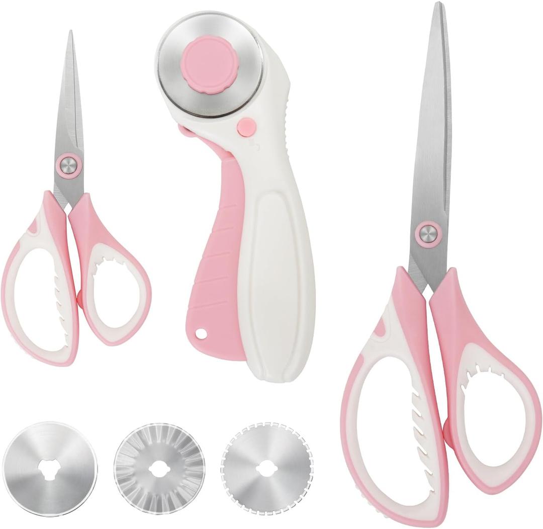 MANUFORE Pink Professional Sewing Scissors Set: Big and Small Scissors, Rotary Cutter with 3pcs Extra Blades for Cutting Fabric