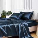 MR&HM Satin Bed Sheets with Elastic Corner Straps, Queen Size Sheets Set, 4 Pcs Silky Bedding Set with 15 Inches Deep Pocket for Mattress (Queen, Mood Indigo)