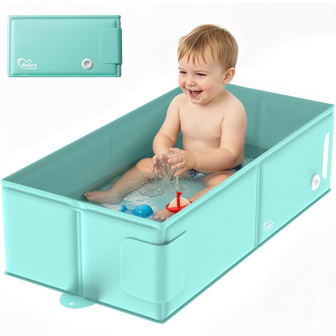 Bellas Friends Baby Collapsible Bathtub, Travel Bath Tub for Baby, Foldable and Portable, Easy Storage, Reinforced Structure, Lightweight, Travel Essentials for 6M-3Y Infant Toddler, Green