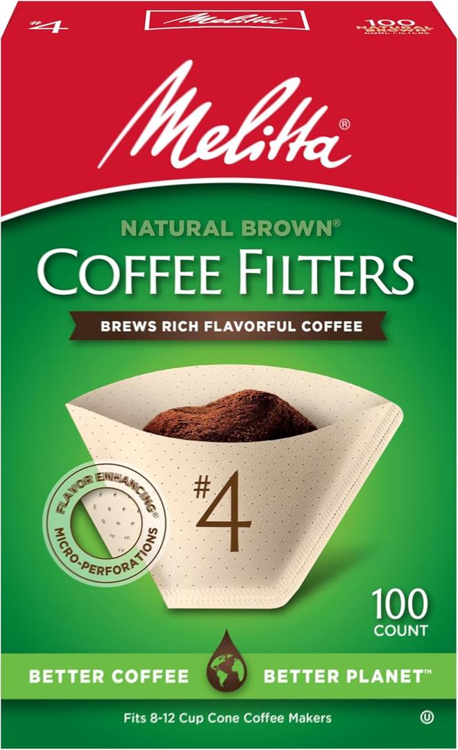 Melitta #4 Cone Coffee Filters, Natural Brown, 100 Count Filters - Fits all 8-12 Cup Cone Coffee Makers and Pour-Overs, Compostable, Tear-Resistant