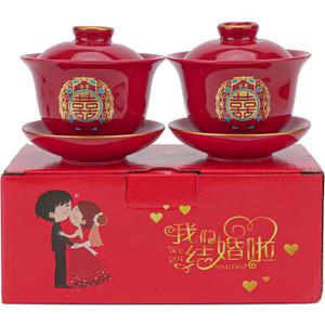 Chinese Red Tea Cup Set, A Pair Wedding & Party Ceremony Supplies, Ceramic Double Happiness Cups, Traditional Wedding Party Dcor, Kung Fu Tea Cup and Saucer with Lid, Fengshui