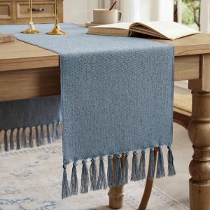 Linen Style Rustic Table Runner, Farmhouse Cotton Linen Table Runner, Boho Table Runners 60 Inches Long with Hand Tassels for Home Tabletop Decor and Everyday Use - Dusty Blue, 60 Inch