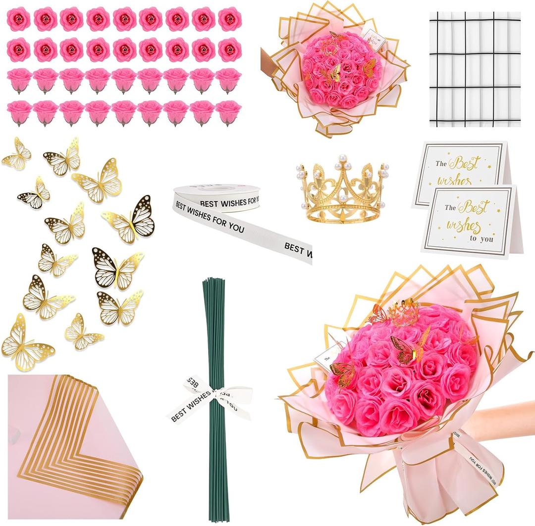 36 PCS Glitter Roses Bouquet Kit, Pink Sparkling Flower Arrangement with Stems, Butterflies, Crown, Wrapping Paper, Card, Ribbon for Wedding, Graduate, Birthday, DIY Crafts
