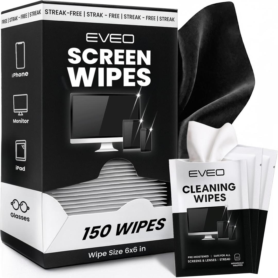 EVEO Screen Wipes (150 Pack) - Electronic Wipes, Computer Screen Cleaner Wipes for Electronics | Computer Screen Wipes Phone Wipes & Lens Wipes for PC, Laptop, Phone, Car & More - Microfiber Included
