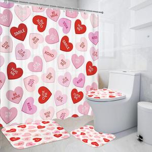 4Pcs Valentines Shower Curtain Set for Bathroom, Pink Red Heart Valentines Bathroom Sets Sweet Heart Decor Set with 12 Hooks Include Non Slip Rugs, Toilet Lid Cover, Bath Mat, Shower Curtain