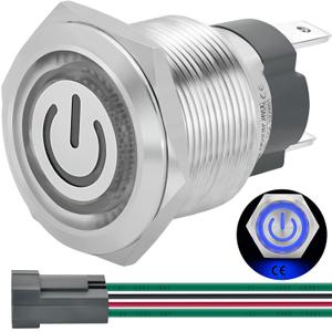 15Amp 19mm Latching Push Button Switch Blue 110V 120V AC SPST Power Symbol Ring Led Light Stainless Steel 304 Self-Locking On Off 3/4'' with Wire Socket