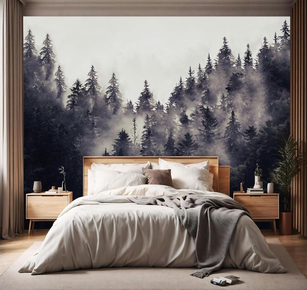 -Misty Forest Backdrop Large Fabric Living Room Wallpaper Black Pine Forest Bedroom Bathroom Wall Mural- 91"x65" not Peel and Stick (Y21)