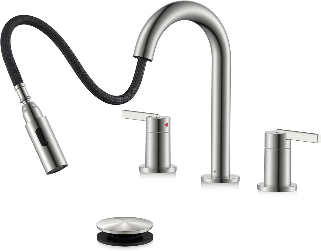 KENES Brushed Nickel Widespread Bathroom Faucet with Sprayer, 8 Inch 3 Hole Bathroom Sink Faucet with Pull Out Sprayer, Pull Down Vanity Faucet with Pop Up Drain & Supply Lines LJ9068