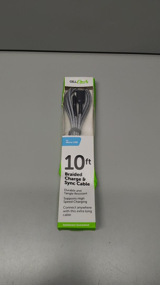 Cell Candy - Braided Charge & Charge Sync Cable - Micro-USB - 10 Foot - Silver