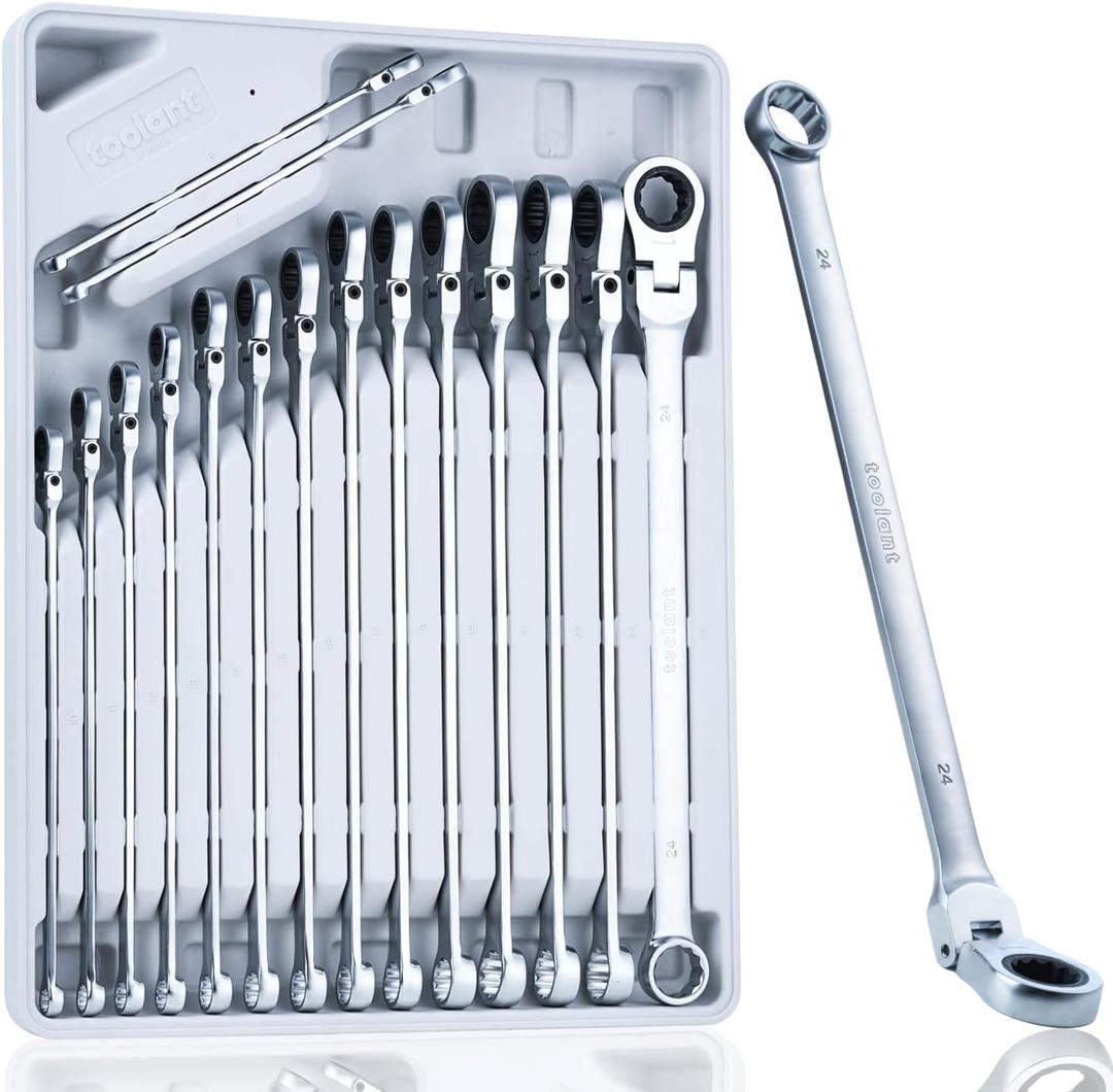 toolant Extra Long Ratcheting Wrench Set, Flex Head & Offset Fixed Head Double Box End Ratcheting Wrench Set, CR-V Steel, Metric 8-19mm & 21-24mm, 16PCS with Storage Tray