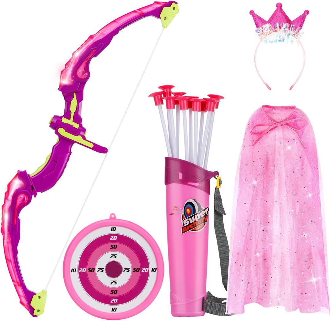 Bow and Arrow for Kids, LED Light Up Archery Set with Princess Cape and Crown, 10 Suction Cup Arrows, Target & Quivers, Outdoor Toy for Girls Aged 3-8, Birthday Gifts Toys for 4 5 6 7 8 Year Old