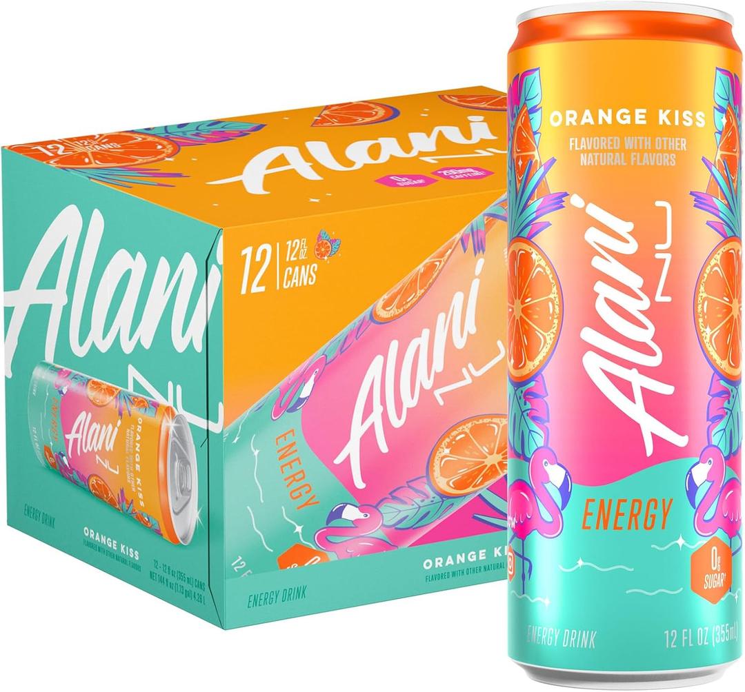 Alani Nu ORANGE KISS, Sugar Free, Low Calorie Energy Drinks, 200mg Caffeine, Biotin, B Vitamins, Zero Sugar, 10 Calories, 12 Fl Oz Cans, 12 Pack (EXP 01/01/28)