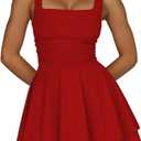 Women's Square Neck Ruffle Hem Mini Dress Ruched Waist Corset Short Party Dresses (Red, S)