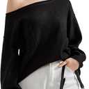 SUUKSESS Women Off The Shoulder Spring Sweaters Long Sleeve Boat Neck Oversized Pullover Sweater Tops (Small, Black)