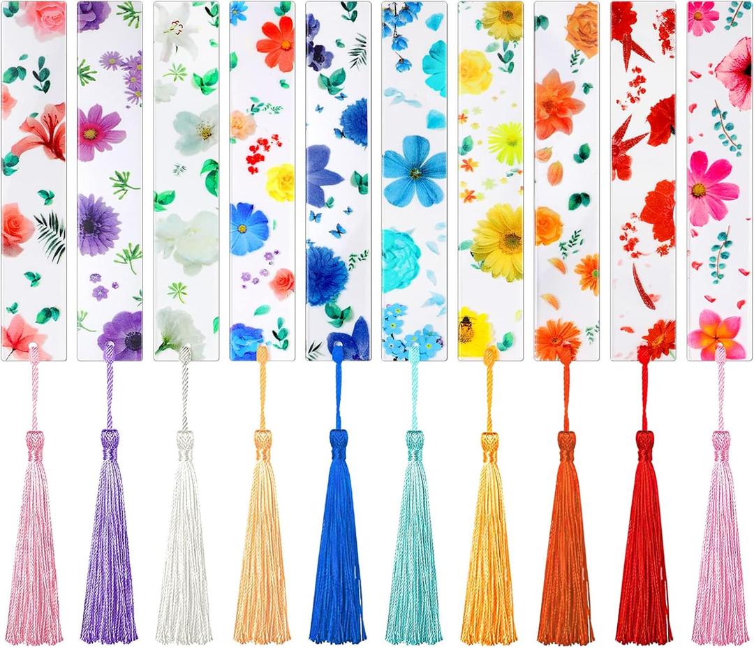 20Pcs Flower Resin Bookmark Transparent Floral Bookmarks for Women Cute Bookmarks Flower Page Marker with Tassels Graduation Gifts for Women