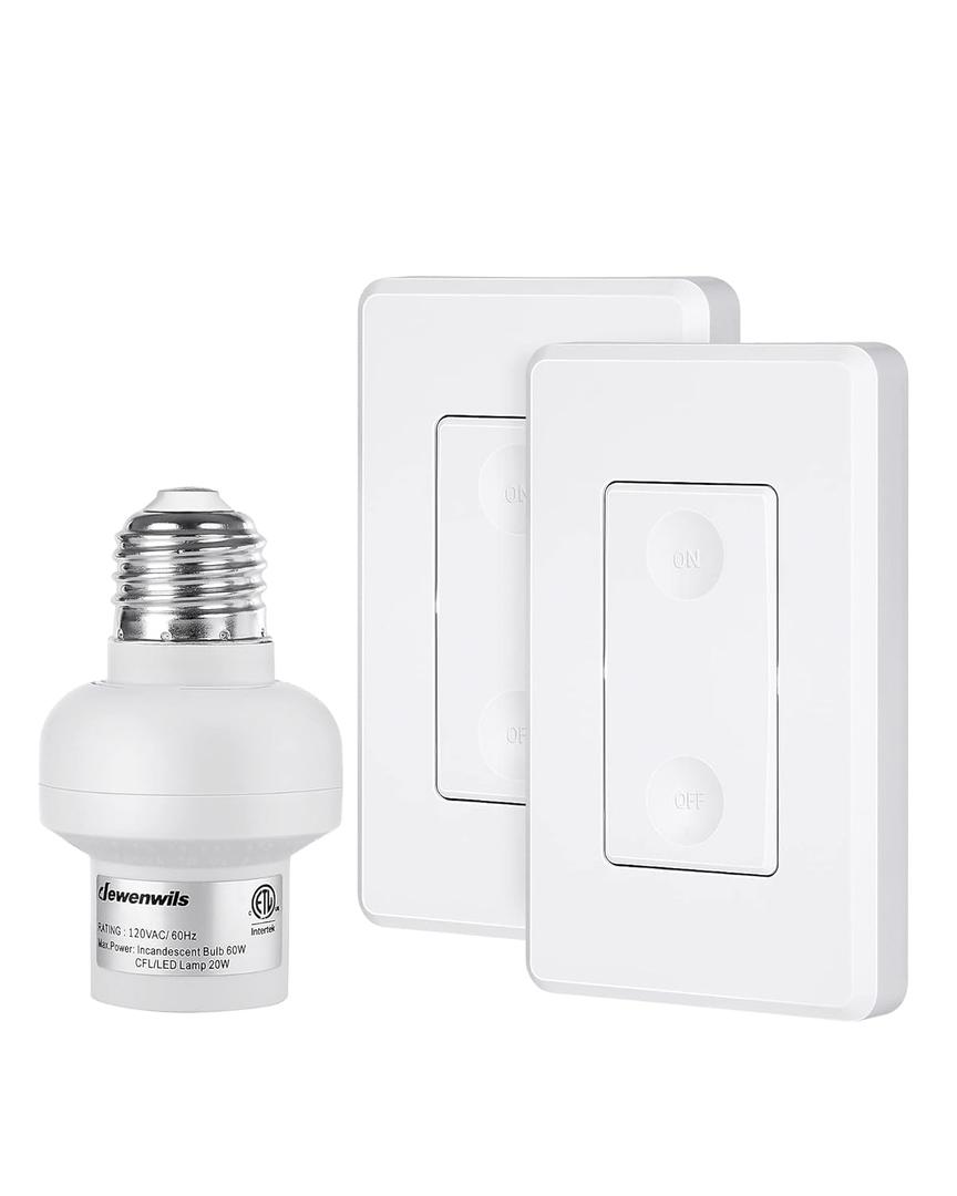 DEWENWILS Remote Control Light Bulb Socket, Wireless Light Switch for Pull Chain Light Fixture, Remote Light E26 E27 Bulb Socket, No Wiring, ETL Listed, (2 Wall Mounted Switch+1 Socket)