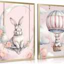 2pcs Nursery Bunny Canvas Wall Art Cute Balloon Bunny Posters Prints Pink Girl Animal Children's Room Wall Decor Pictures For Girls Room Bedroom Hone Decoration Unframed (12x16in)