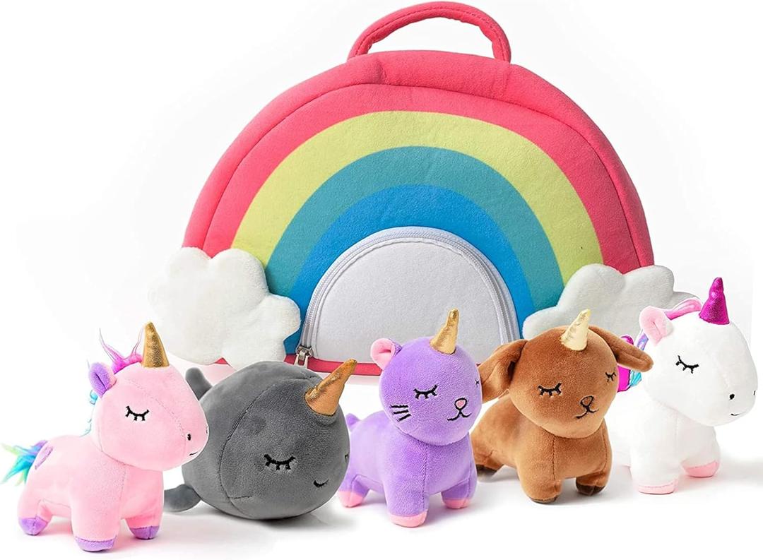 PixieCrush Unicorn Stuffed Animal Set - 5 Plush Toys for Girls with Narwhal, Puppycorn, Kittycorn and Rainbow Unicorn - Soft Plushies with Carry Case - Gift for Kids Ages 3 and Up