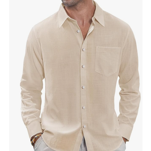 J.VER Men's Linen Shirts Casual Button Down Long Sleeve Shirt Solid Spread Collar Summer Beach Shirts with Pocket (Medium, Beige)
