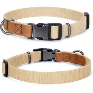 Mile High Life Dog Collars | Soft Cotton Dog Collars w Heavy Metal Buckle | Classic Puppy Collar w Premium Genuine Leather Tips | Pet Collars for Large Dogs (Khaki)