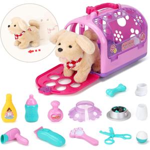 Sotodik Pet Care Play Set Electric Vet Play Set-Walking,Barking,Tail Wagging Little Plush Dog Grooming Toys with Puppy Carrier Feeding Dog Educational Toys for Toddler Kids