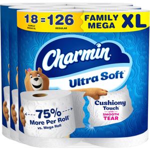Charmin Ultra Soft Cushiony Touch Toilet Paper, 18 Family Mega XL = 126 Regular Rolls, 2-Ply, White