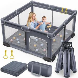 Foldable Baby Play Pen with Mat, 50''x50'' Playpen for Babies and Toddlers, Playpen for Baby with Gate, Breathable,Foldable Travel Play Pen
