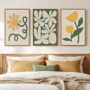Framed Boho Abstract Wall Art Bedroom, 3 Piece Green and Yellow Mid Century Modern Canvas Artwork for Walls, Paintings Prints Botanical Floral Pictures for Living Room Dining Room Wall Decor, 16x24 In, 16" W x 24" H x 3Pcs