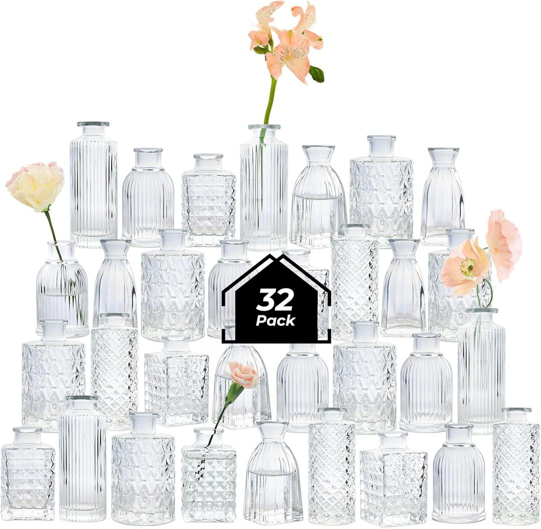 ComSaf Glass Bud Vases Set of 32, Small Clear Bud Vases in Bulk, Mini Flowers Vases for Centerpieces, Vintage Bottle Set for Table Decorations, Wedding Decor, Recepetion, Home, (Clear)