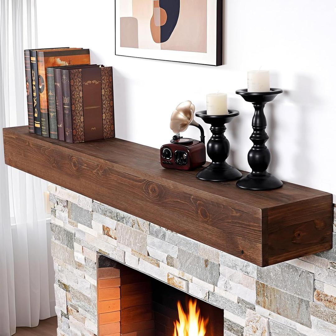 G GOOD GAIN Fireplace Mantel 54 inch - Handcrafted Rustic Solid Wood Mantel l Floating Mantle Shelves Decor for Wall, Bedroom, TV, Books, Livingroom.DarkWalnut, 54"x8"x5"