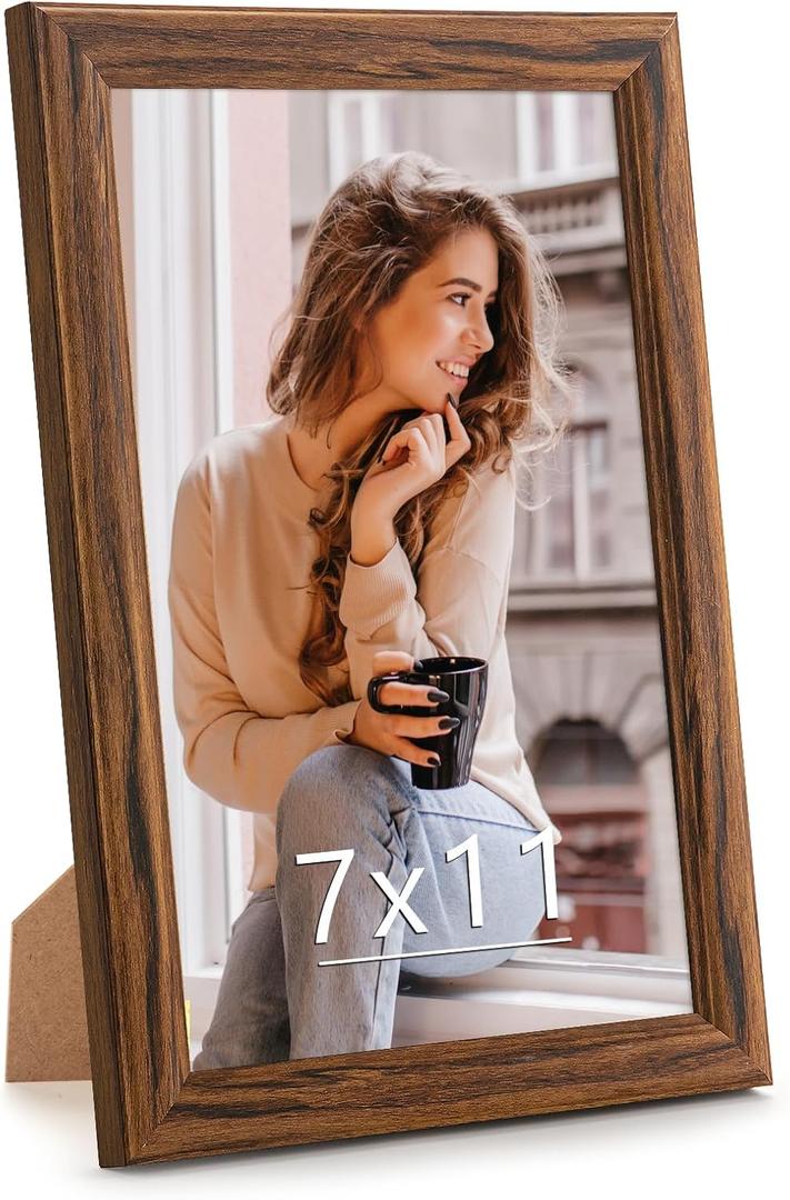 7x11 Wood Frame Brown, Natural Wooden 11x7in Picture Frames, Modern Golden 7 x 11inch Gallery Photo Pic Frame with HD Plexiglass, Horizontal Vertical Wall Mounting Tabletop Display 1Pcs