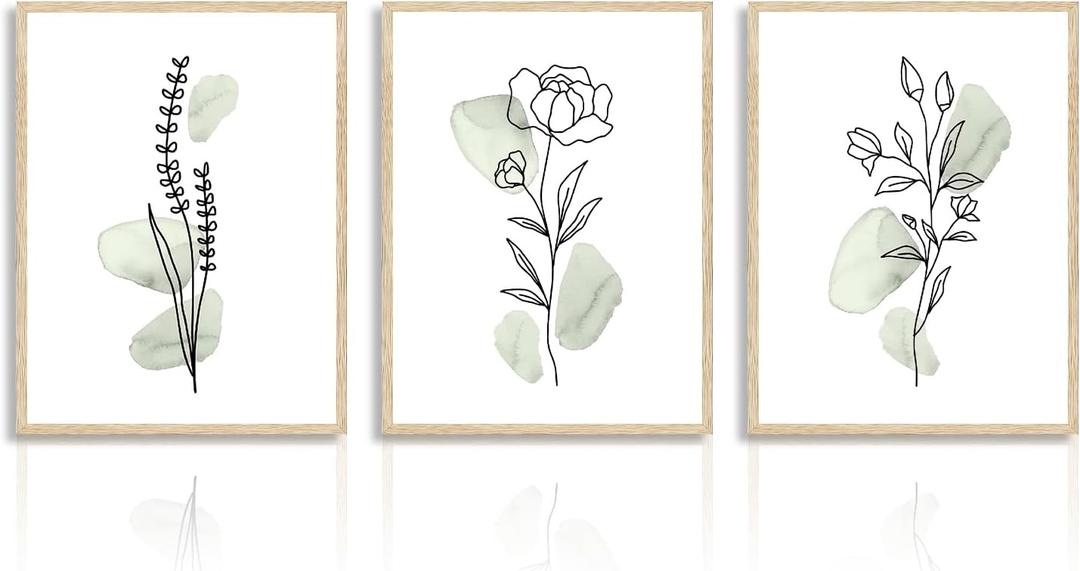 Abstract Botanical Wall Decor Poster Minimalist Sage Green Flower Line Wall Poster for Bedroom Living Room Decor 12x16 in Unframed Set of 3